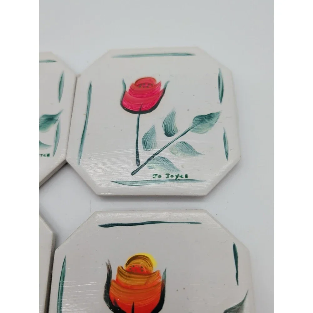 4 Vtg Jo Joyce Hand-painted Tile Coasters Rose Tulip Floral Grandma Core Cottage